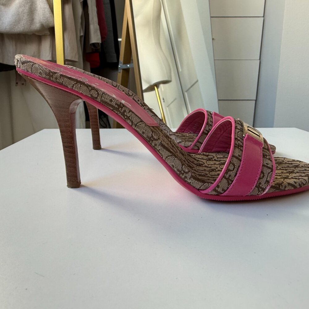 Vintage Christian Dior Diorissimo Monogram Pink Gold Slide Mule Heeled Sandals - Picture 3 of 4